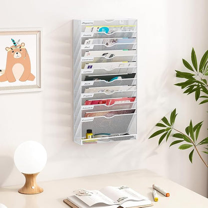Hanging Wall File Organizer,10-Tier Desk File Mail Holder, Paper Bill Organization For Office Home School, White