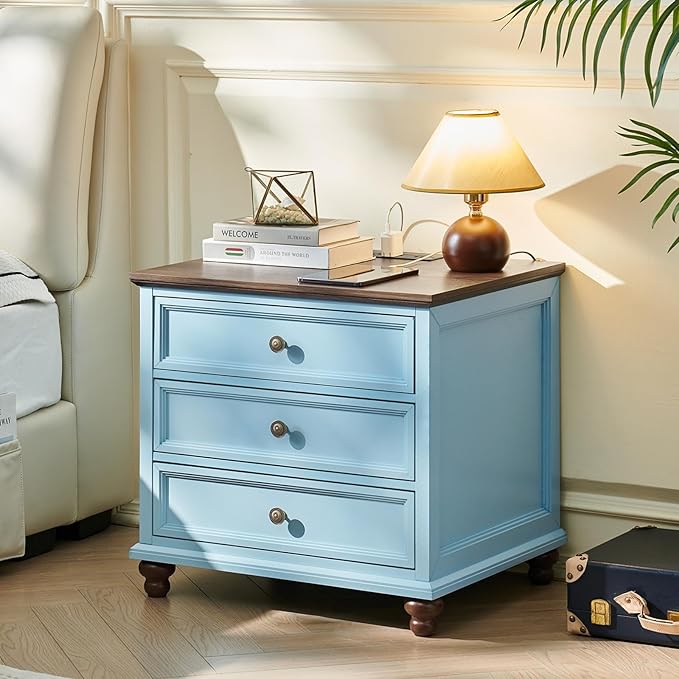 Joaxswe Farmhouse Nightstand Set of 2 with Charging Station, 24" Wide End Table with 3 Drawers,Dresser for Bedroom,Bed Side Table Chest of Drawers Cabinet,Wood Light Blue Night Stand for Living Room