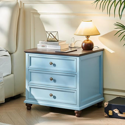 Joaxswe Farmhouse Nightstand Set of 2 with Charging Station, 24" Wide End Table with 3 Drawers,Dresser for Bedroom,Bed Side Table Chest of Drawers Cabinet,Wood Light Blue Night Stand for Living Room