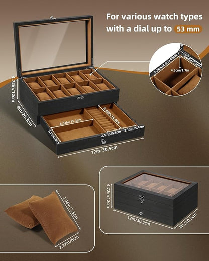Uten 10-Slot Watch Box, 2-Layers Solid Wood Watch Display Case with Glass Lid, Watch Holder Organizer with Soft Pillow and Velvet Lining, Watch and Jewelry Storage Box, Brown