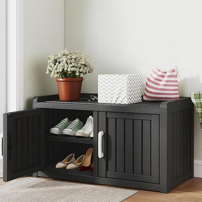 NUNU LAB Shoe Cabinet, Waterproof UV-Resistant Shoe Storage Cabinet with Adjustable Shelves, Entryway Shoe Organizer Bench with 2 Barn Doors for Foyer, Hallway, Living Room, Black