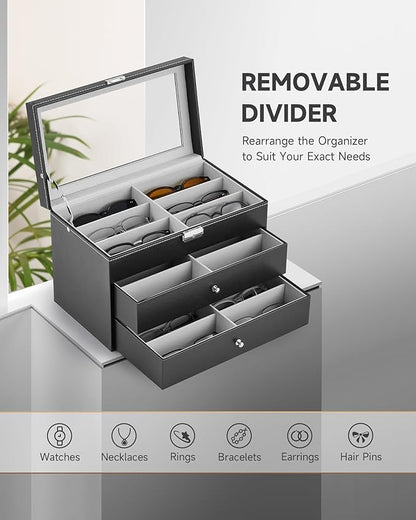 CO-Z Sunglasses Organizer, Leather Eyeglasses Storage Box for Women Men, Lockable Sunglass Display Case Holder with Drawer