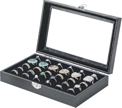 Ring Display Case,Jewelry Ring Organizer Box For Rings,Ring And Earring Holder Box For Girl,Velvet Ring Display Tray (Black, 30 slots)