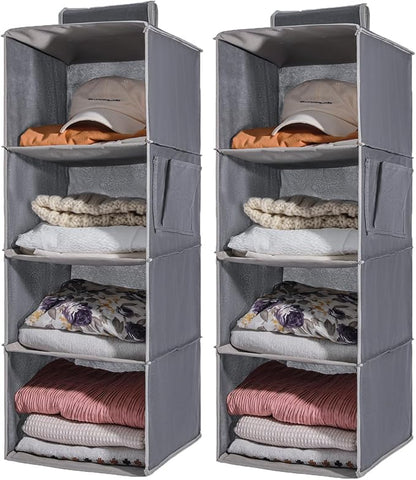 2-Pack Hanging Organizer, 4-Shelf Closet Shelves With Side Pockets, Grey