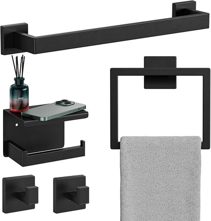 5-Pieces Matte Black Bathroom Hardware Set, 16 Inch Bathroom Towel Bar Set, SUS304 Stainless Steel Bathroom Hardware Accessories Set, Towel Racks for Bathroom Wall Mounted