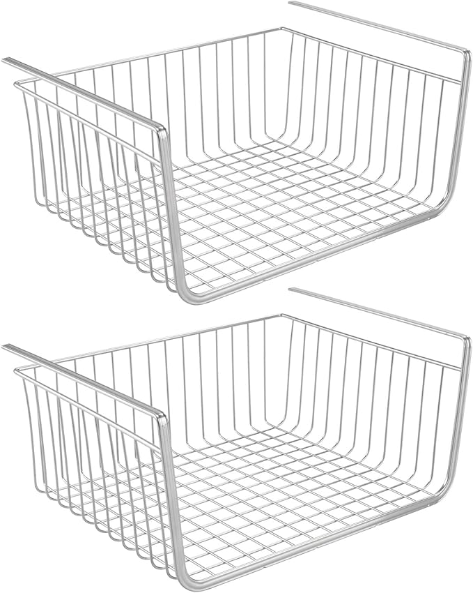mDesign Metal Under Shelf Basket for Kitchen Storage - Wire Farmhouse Sliding Bin Basket for Pantry - Large Open Front Organizer for Food, Drinks, Snacks - Hyde Collection, 2 Pack - Chrome