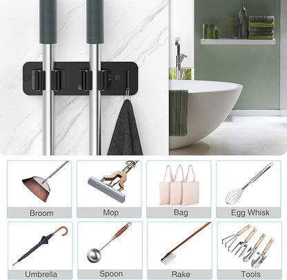 Wall Mount Mop and Broom Holder, Heavy Duty Stainless Steel Organizer Rack with Hooks | 2-Pack, 2-in-1 No Drill & Screw Installation, Black