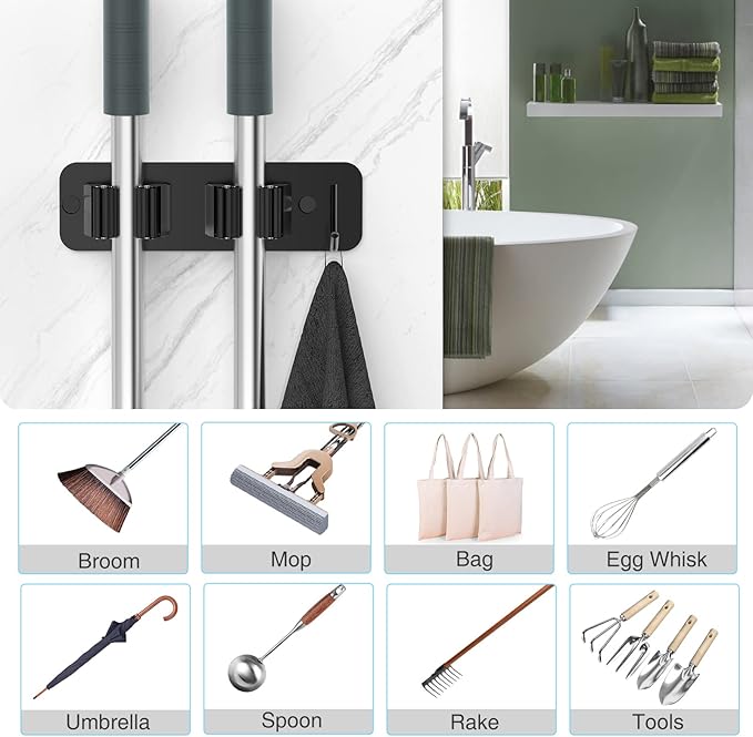 Wall Mount Mop and Broom Holder, Heavy Duty Stainless Steel Organizer Rack with Hooks | 4-Pack, 2-in-1 No Drill & Screw Installation, Black