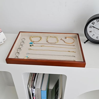 Elegant Wood Flat Jewelry Tray – 14"x9.5" Velvet Lined Display Organizer for Rings, Bracelets, Necklaces – Classic Wooden Storage for Vanity, Dresser, Countertop, White&Brown