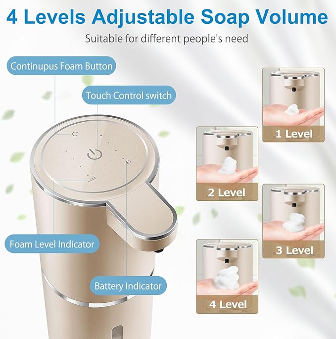 Gotofine Automatic Foaming Soap Dispenser,4-Level Adjustable Foam, Wall Mount,USB Rechargeable,12.8oz/ 380ml,Touchless Hand & Dish Soap Dispenser for Bathroom, Kitchen,Hotel, Restaurant