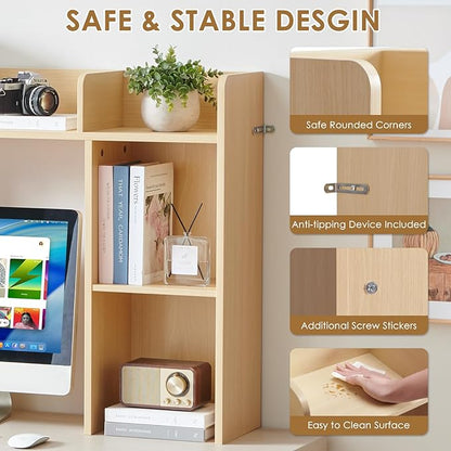 Desktop Bookshelf, Wooden Desk Storage Hutch with 5 Shelves, 3-Tier Desktop Display Organizer Rack for Office Home (Natural, 5 Shelves A)