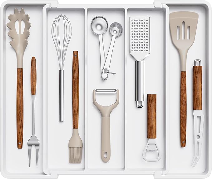 Lifewit Cooking Utensil Drawer Organizer, Expandable from 11 to 18 inches, Adjustable Cutlery Silverware Tray, Plastic Flatware Spatula Holder, Kitchen Tools Gadgets Storage Divider, White
