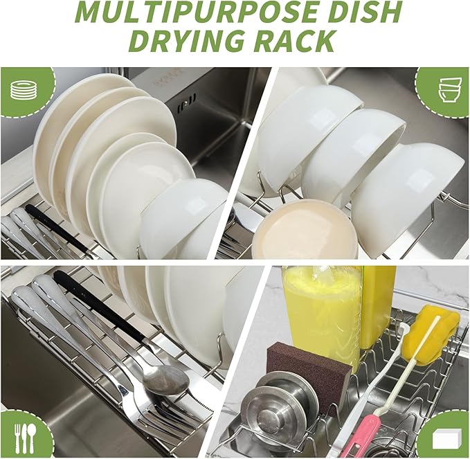 PapakeNook Space Saving Dish Drying Rack Small - Expandable Telescopic Over The Sink Drying Rack,304 Stainless Steel Dishrack for 13.58" - 21.65" Sinks.(Large)