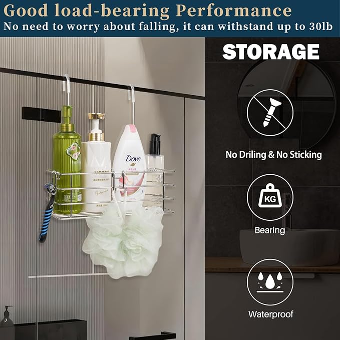 Seltomer Shower Caddy Hanging Shower Rack SUS304 Stainless Steel Hanging Shower Orangizer with Hooks Over The Door, Shampoo Basket Storage (Single-Layer)