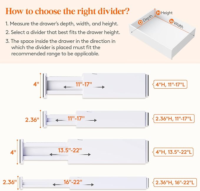 Lifewit 16 Pack Drawer Dividers 4" High, 11-17" Adjustable Drawer Organizers for Clothes, Expandable Dresser Separators in Bedroom/Bathroom/Kitchen/Fridge/Office Organization and Storage,White