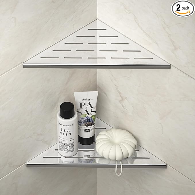 Bernkot Corner Shower Shelf 10" Polished 304 Stainless Steel Recessed Corner Shelves with Slot Design Bathroom Grout in Shelf for Tiled Wall, 2 Pack