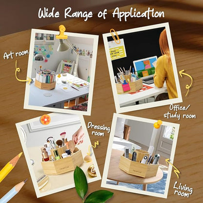 360° Rotating Art Supply Organizer, Holds 750+ Pencils, Bamboo Marker & Pen Holder with Handles, Desk Storage Caddy for Paint Brushes, Crayons, Ideal for Office, Home, Classroom