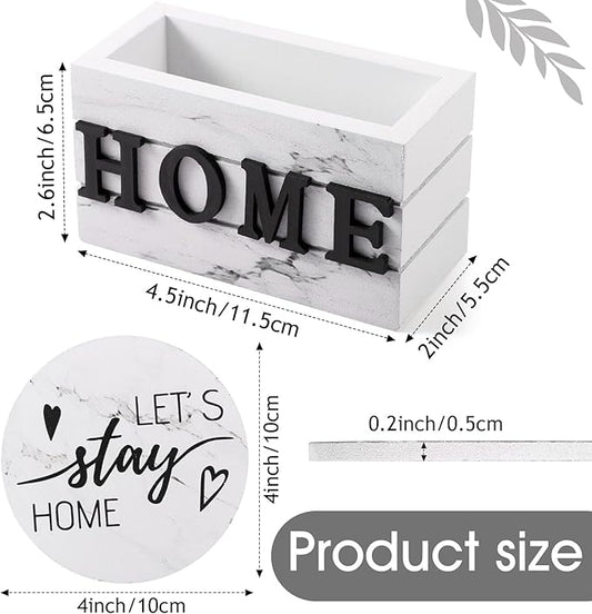 Queekay Coasters Set of 6 House Warming Gifts New Home Wooden Farmhouse Drink Coasters with Holder 4'' Funny Decoration for Kitchen Family Coffee Bar Tabletop Protection(White Marble)