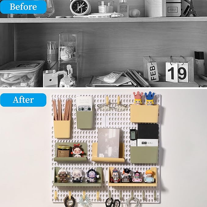 Pegboard Wall Organizer Combination Kit, Wall Organizer with 4 Pegboards and 20 Accessories Hanging, Wall Mounted Peg Board Display Panels for Home and Office - 19.5” x 9.5” (White and Black)