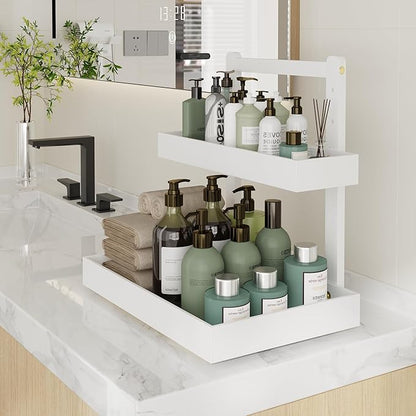 Bamboo Under Sink Organizer and Storage, 2 Tier Pull Out Cabinet Organizer, Slide Out Under Sink Storage Shelf, Undersink Organizers Shelves for Kitchen Bathroom Organization (White, 2 Packs)