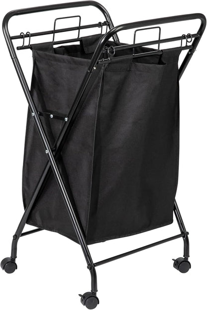 Household Essentials Rolling Laundry Hamper, Heavy Duty Canvas Bag, 2 Load Capacity, Foldable Frame, Black Bag with Velcro Fasteners, Black