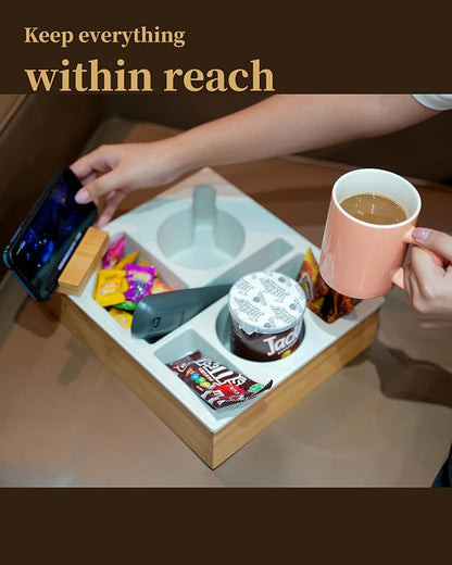Couch Cup Holder Tray, Handy Silicone Bamboo Couch Caddy with Rotatable Phone Holder for Bed Car Seat Organizer, Waterproof Anti-Spill Sofa Cup Holder for Snacks Beverage Remote (White)