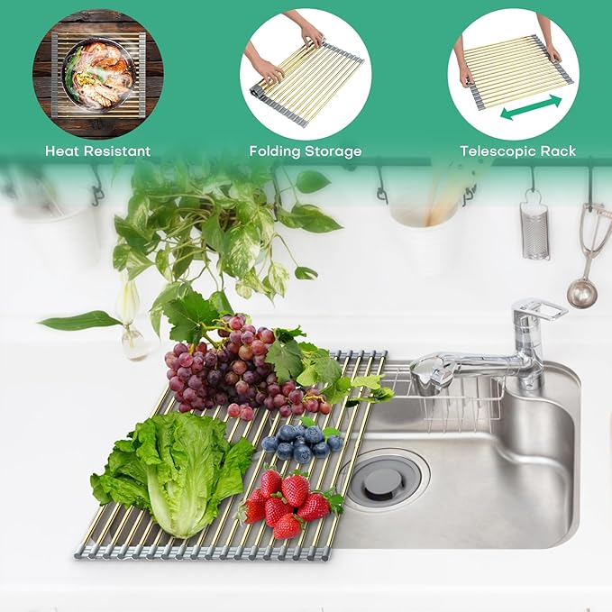 AXIMIXAME Expandable Large Draining Rack, Roll Up Heat-Resistant Dish Drainer for Stainless Steel Sinks, Collapsible Over The Sink Rack Non-Slip Silicone Rolling Up Rack Gold 18 Tube