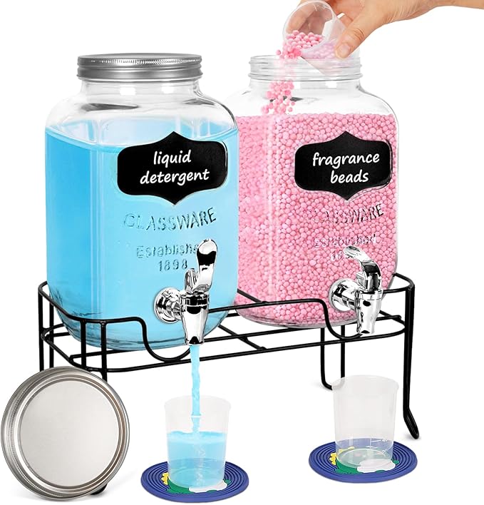 2-Pack 1.25 Gallon Glass Laundry Detergent Dispensers with Stainless Steel Faucets - Effortless Pouring, with Screw Lid, Stand, and Rubber Drip Mats for Fabric Softener & Laundry Soap