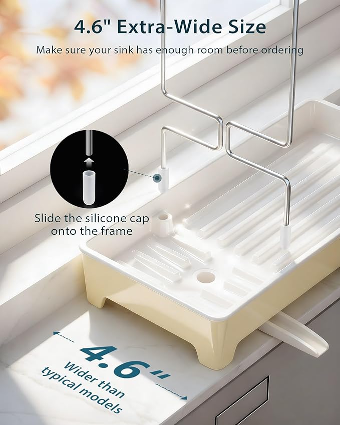 Caumic Minimalist Sink Caddy, Rustproof Sponge Holder for Kitchen Sink with 304 Stainless-Steel Brush Holder, Countertop Rack Organizer with Raised Ridges & Silicone Drain Tube (Pastel Yellow)