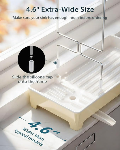 Caumic Minimalist Sink Caddy, Rustproof Sponge Holder for Kitchen Sink with 304 Stainless-Steel Brush Holder, Countertop Rack Organizer with Raised Ridges & Silicone Drain Tube (Pastel Yellow)