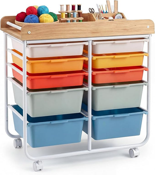 GOFLAME 10-Drawer Rolling Storage Cart, Craft Storage Cart with Wooden Tabletop, Lockable Wheels & Handles, Art Cart Supply Storage Organizer with Metal Frame for Home Office Classroom, Macaron Color