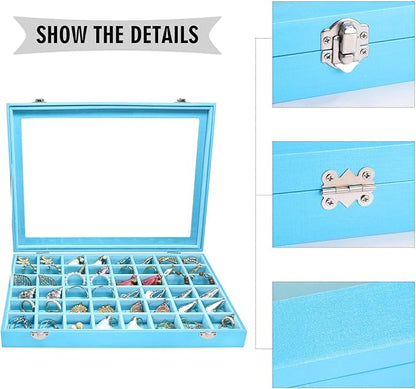 Jewelry Tray Organizer Box 48 Grid Jewelry Display Organizer Box with Transparent Lid Rings Earrings Necklaces Pendants Display Box Suitable for Women and Girls (48 Grid, Sky Blue)