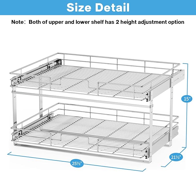 LOVMOR Individual Pull Out Cabinet Organizer, 2 Tier Slide Out Cabinet Drawers, Pots and Pans Organizer and Storage Pantry Shelf for Kitchen (25½" W x 21½" D)