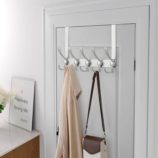 Dseap Over Door Hook 2.0 - Upgraded Version - Simple-Assembly, Strong, Heavy-Duty Stainless Steel 5-Tri-Hook Over The Door Hanger Rack, SimpleStrong Series, Silver, Pack of 2