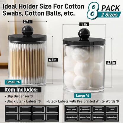 8 Pack Acrylic Qtip Holder Dispenser for Cotton Swabs, Balls, Pads, Floss - Plastic Canister Apothecary Jar Set, Bathroom Essentials Accessories Decor Vanity Makeup Storage Organizer - Clear & Black