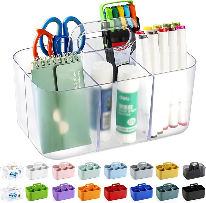 Multiuse Caddy Organizer with Handle - Stackable Plastic Bin - Divided Storage Tote Holder for Art Craft Supplies, Makeup, Bathroom, Shower, Cleaning, Kitchen, Office, Dorm, Desktop - Frosted Clear