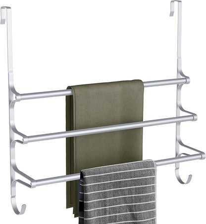 CANYAVE Over The Door Towel Rack, Extendable Triple Towel Storage Holder with Hooks, 24.02 Inches Towel Bar Hanger Towel Racks for Bathroom (Silver)