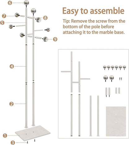 Free Standing Coat Rack with Marble Base & 8 Steel Hooks Clothes Rack for Entryway Bedroom Living Room Hotel 14.96 x 10.24 x 68.9 Inches (White)