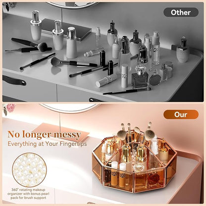 CoralHouse 360° Rotating Makeup Organizer Spinning Vanity Organizer with Makeup Brush Holder for Countertop, Bathroom Storage, Skincare, Perfume & Cosmetic Organizer for Vanity Amber