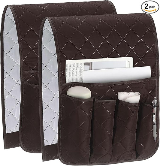 uxcell 2 Pcs Recliner Armchair Caddy, Couch Armrest Organizer with 5 Pockets for Bedside Sofa Remote Control Holder Magazine Phone Book Glasses (Brown, 35"x13")