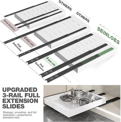 Seinloes 2 Pack Pull Out Cabinet Organizer 24" Deep,Full Extension 3 Slide Rails Slide Out Drawers With Raising Pad for Framed Cabinets,Expandable Width (15.4"-26.2"),No Drill Roll Out shelf,White