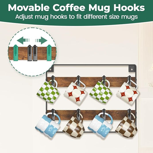 EsLuker.ly Mug Holder Hanger Rack Wall Mounted Wooden 4 Pack Coffee Cup Storage Organizer Display Shelf with 32 Removable Plastic Hooks, Ideal for Mug Collectors