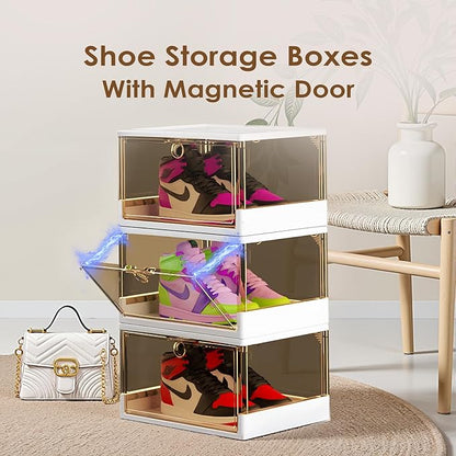 Thicken & Sturdy Clear Shoe Boxes with Magnetic Door, 3 Pack Stackable Multi-functional Shoe Storage, Shoe Organizer for Closet, Space Saving, 360 ° Dustproof & Moisture-proof, Fits Up to US Size 13