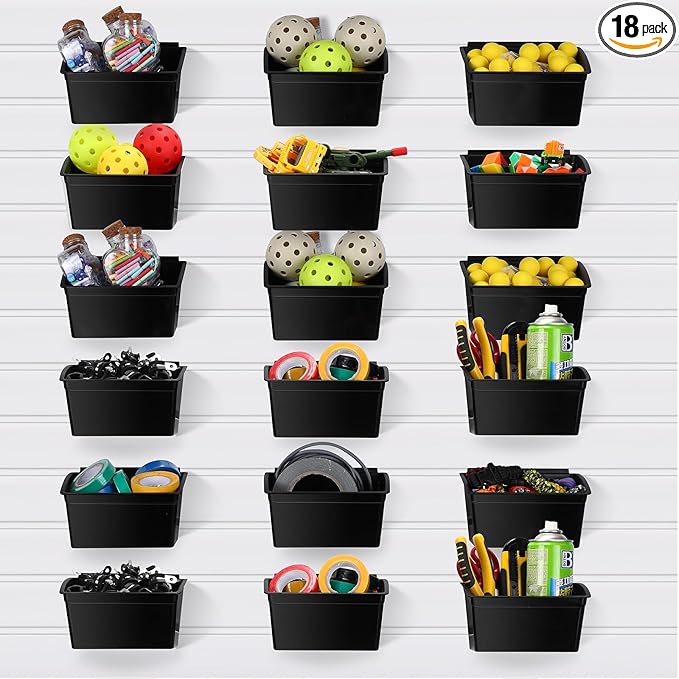 Unittype 18 Pcs Slat Wall Bins Slat Wall Accessories Storage Bins Plastic Containers Organizer for Garage Craft Room Tool Shed Workshop(Black)