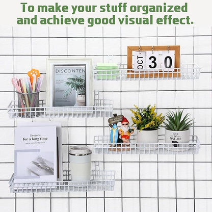 Blulu 4 Pcs 15.75 x 5.91 x 1.97 Inch Metal Grid Wall Baskets with Hooks Grid Wall Shelves Hanging Wire Basket Multi Function Storage Organizer for Kitchen Organizing Display (White)