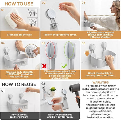 LEVERLOC Shower Caddy Suction Cup Set Shower Organizer & Soap Holder & Toothbrush Holder, Bathroom Shelf Basket NO-Drilling, Removable Suction Storage Waterproof Bathroom Caddy, Gray
