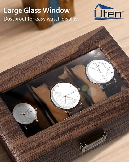 Uten Watch Box 3 Slots, Watch Case Organizer with Real Glass Lid, Wood Grain PU Leather Watch Display Storage Box with Removable Imitation Suede Watch Pillows, Metal Clasp