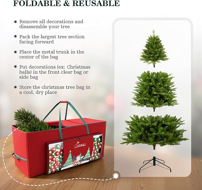 UIRWAY Christmas Tree Storage Bag- Fit for 9ft Artificial Trees, 600D Oxford Christmas Tree Bag with Transparent Pouch & Side Pocket, Extra Large Tree Bags with Sturdy Handles & Dual Zipper, Red