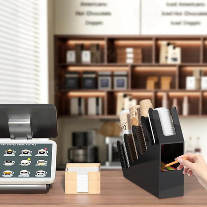 WINFFOR 4-Compartment Disposable Cup Holder - Cup and Lid Holder with Straw Organizer Black Acrylic Cup Dispenser with Coffee Pod Storage for Coffee Station Bar Countertop Restaurant Breakroom