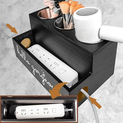 Cokritsm Wooden Hair Dryer Holder Wall-Mounted - 2 Tier Bathroom Storage Shelf Cosmetic & Hairdressing Tools Organizer for Bathroom Countertop/Vanity Black